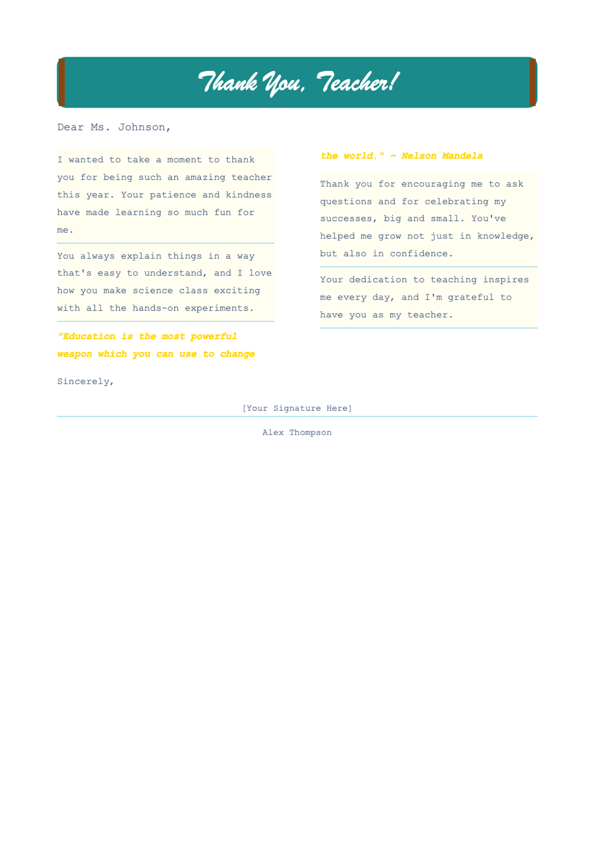 Childs colorful thank you letter to teacher with school themed illustrations_variant_3